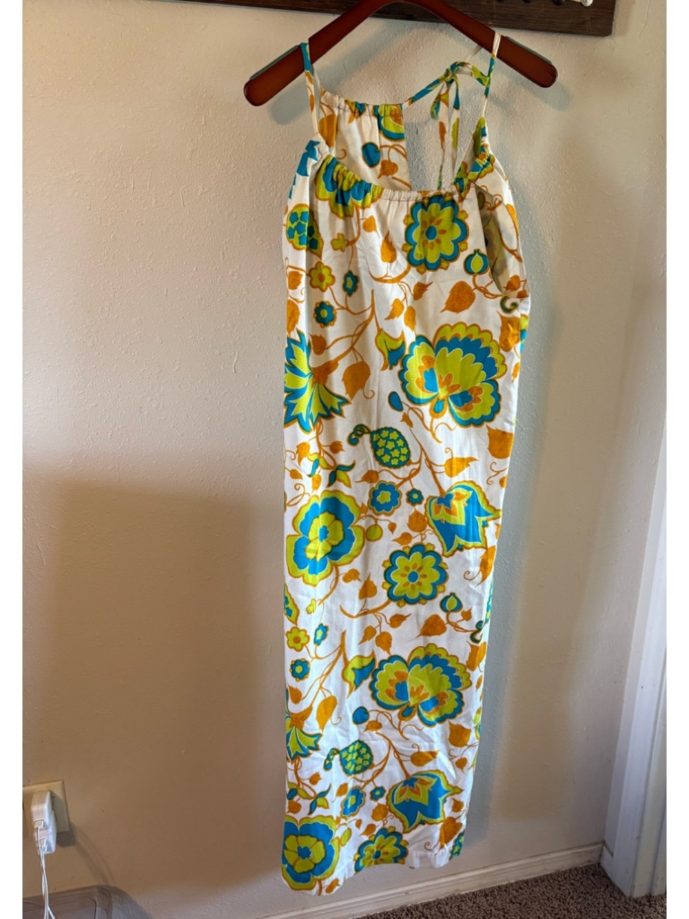 ANDRADE White Maxi Dress with Blue, Green and Gold Floral Print